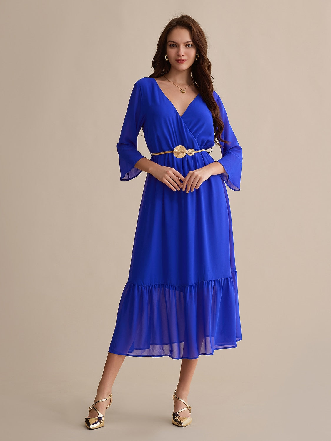 Royal Blue Belted Chiffon Midi Dress