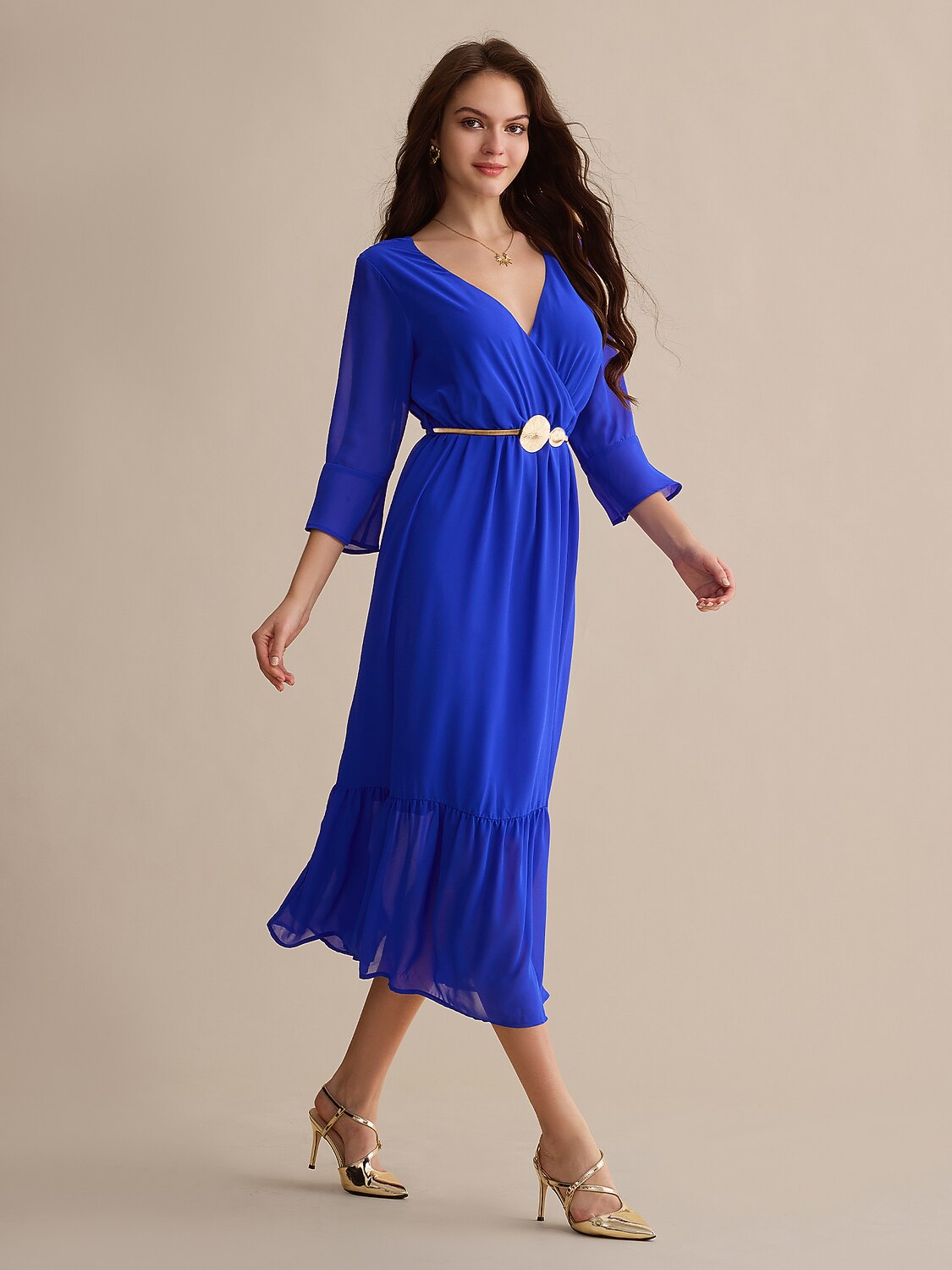 Royal Blue Belted Chiffon Midi Dress