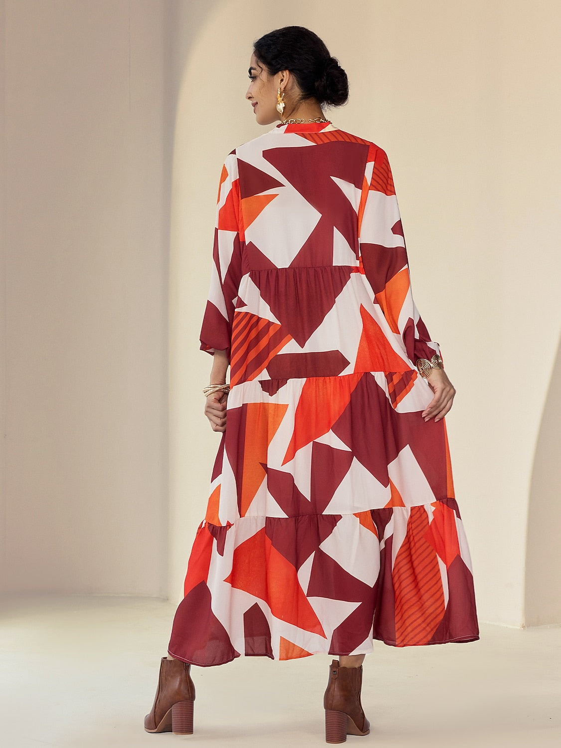 Chiffon Geometric Pattern V-Neck Casual Daily Maxi Dress
