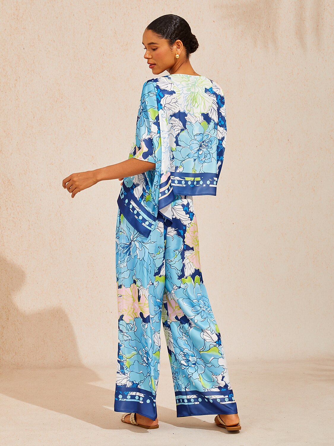 Pastel Floral Garden Satin Wide Leg Pants