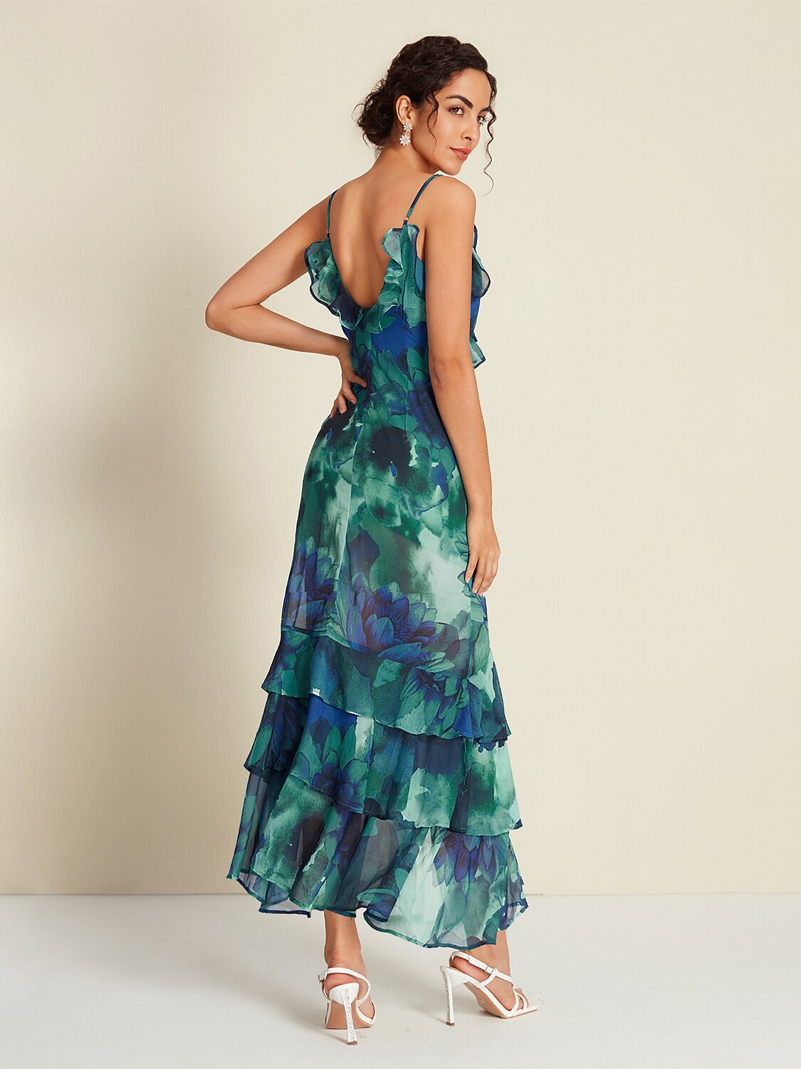 Vestido Maxi sin Mangas con Estampado Floral de Gasa y Volantes con Aberturas