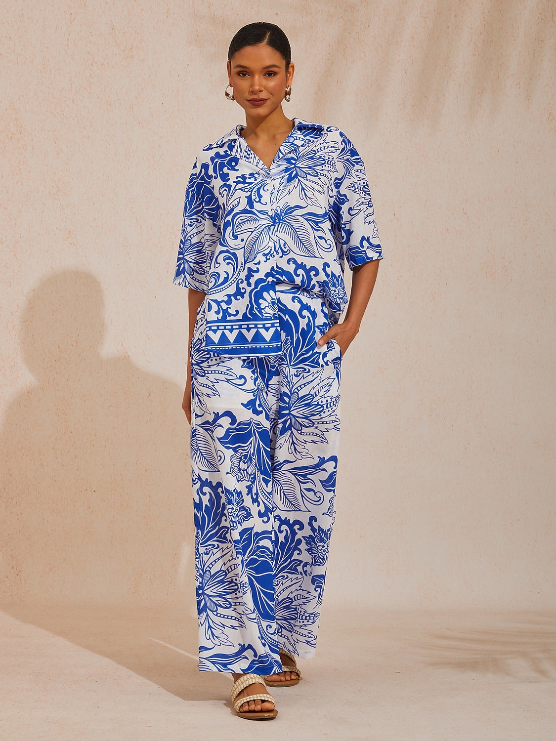 St Barth Blooms Airy Linen Look Blue Blouse