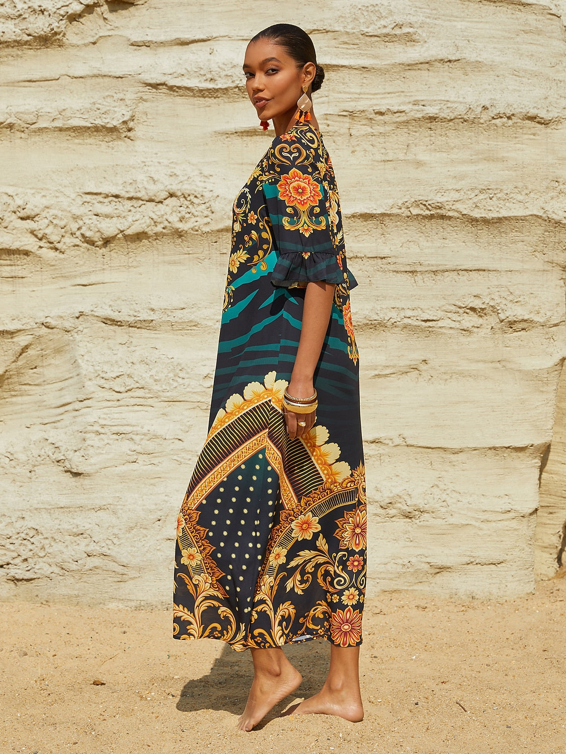 Emerald Empress Flowy Chiffon Straight Maxi Dress