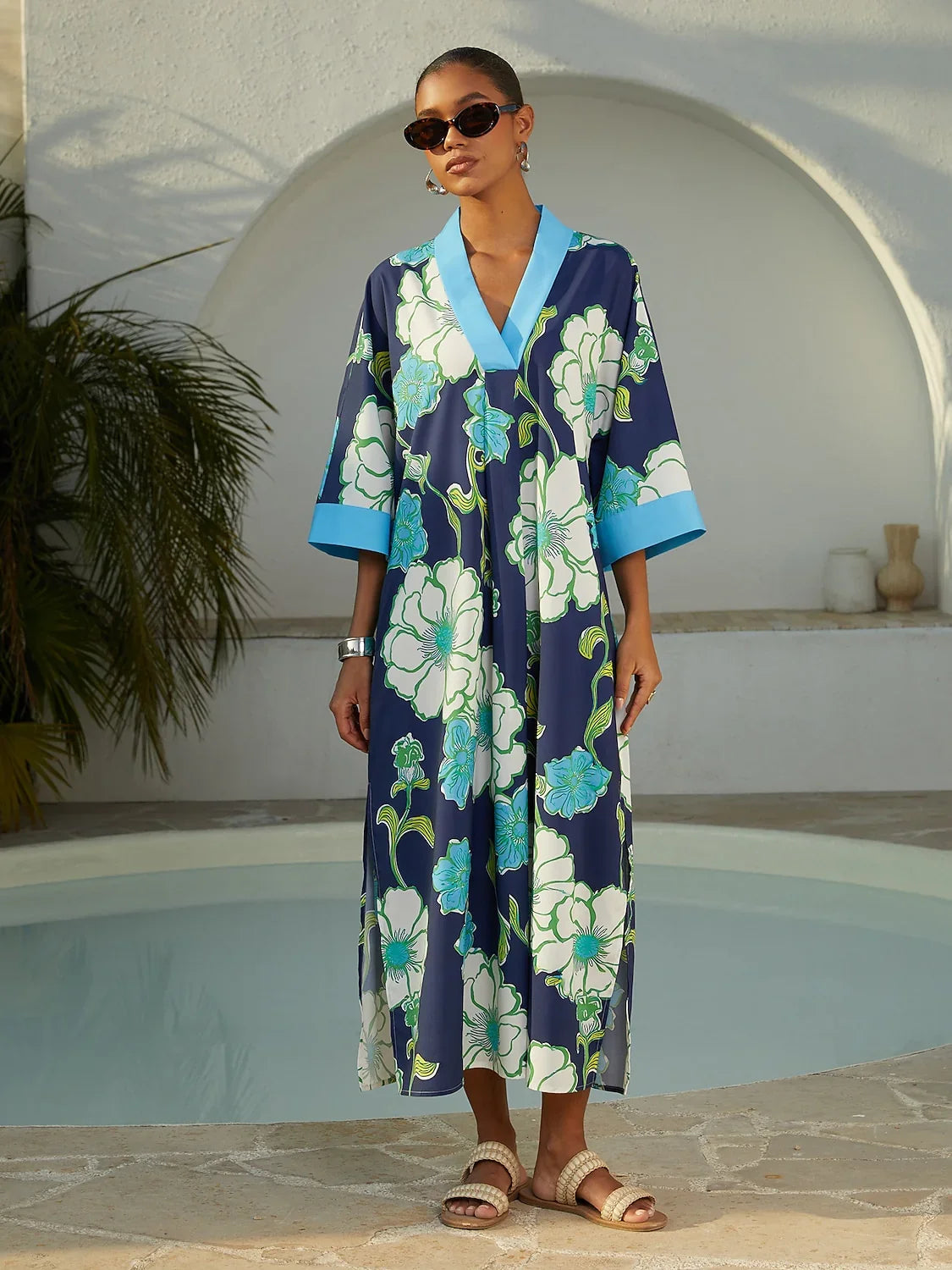 Vacation Color Block Floral Dolman Sleeve Loose Fit Rayon Like Maxi Dress