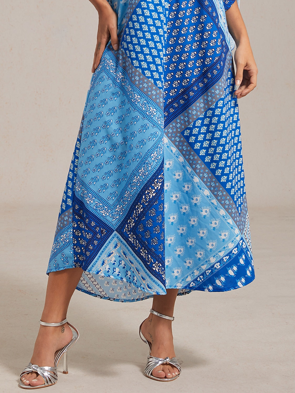 Geometric Floral Patchwork Print Stand Collar Maxi Dress