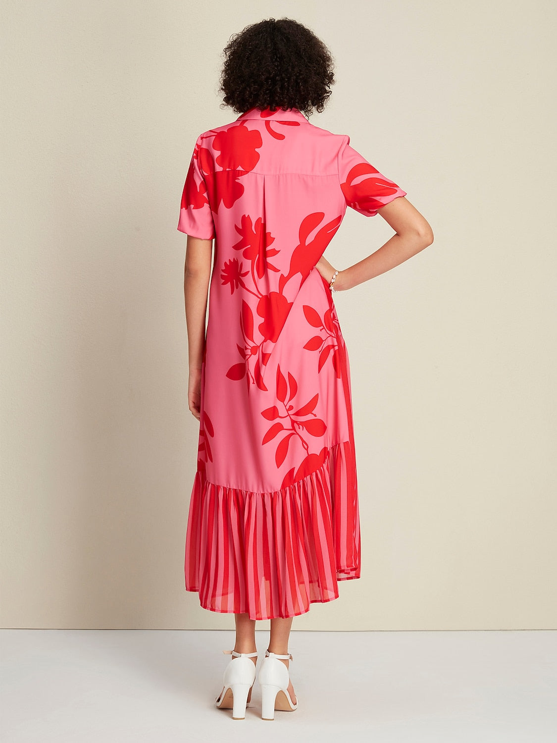 Chiffon&Satin Rose Red Floral Stripe Asymetric Hem Short Sleeve Maxi Dress
