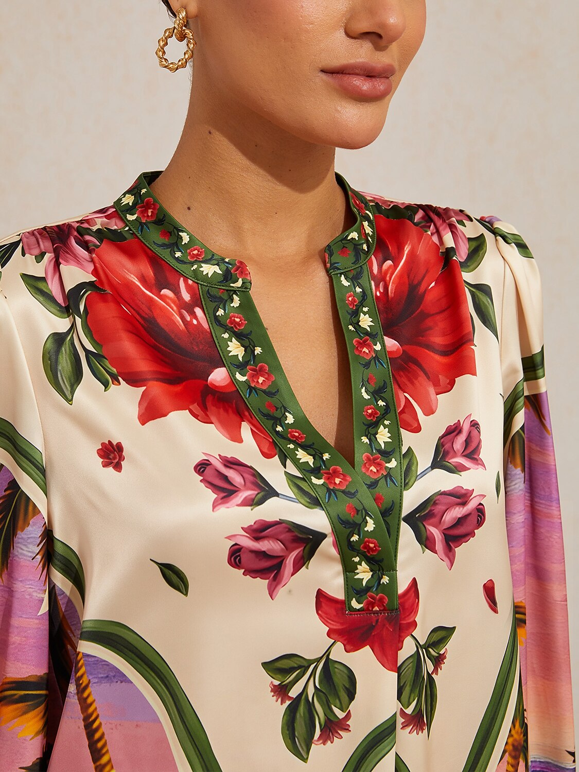 Bird Flower Silky Satin Blouse