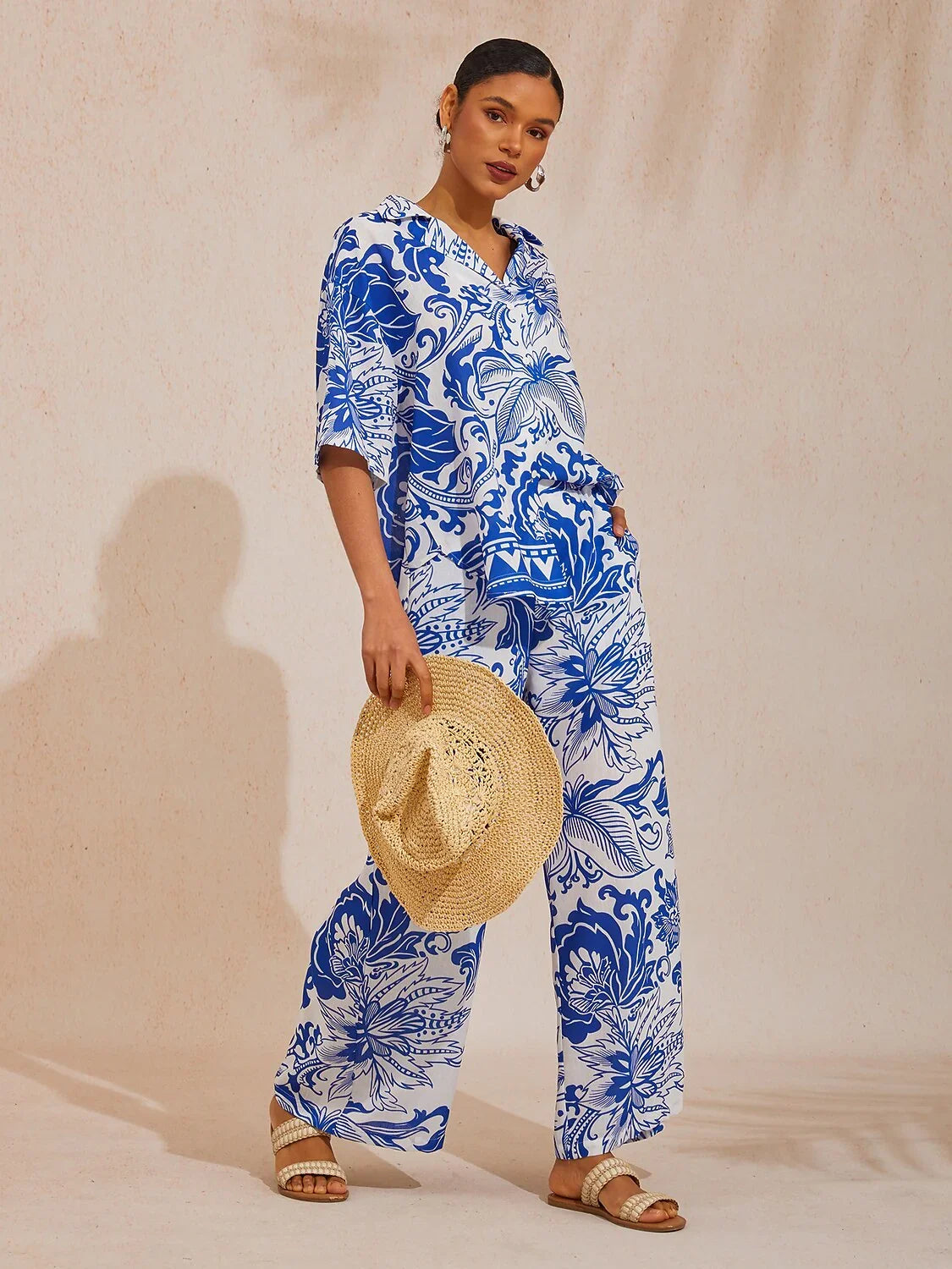 St Barth Blooms Airy Linen Look Blue Wide-Leg Pants