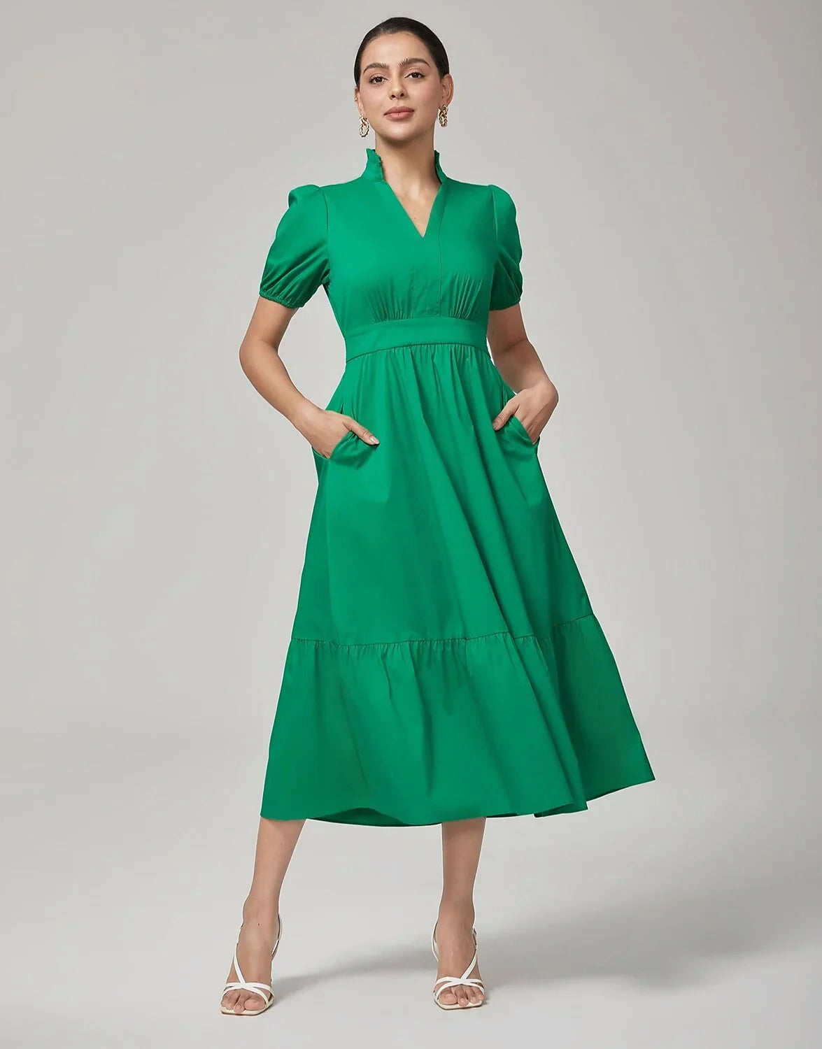 Deep Moss Green Cotton Puff Sleeve Dress