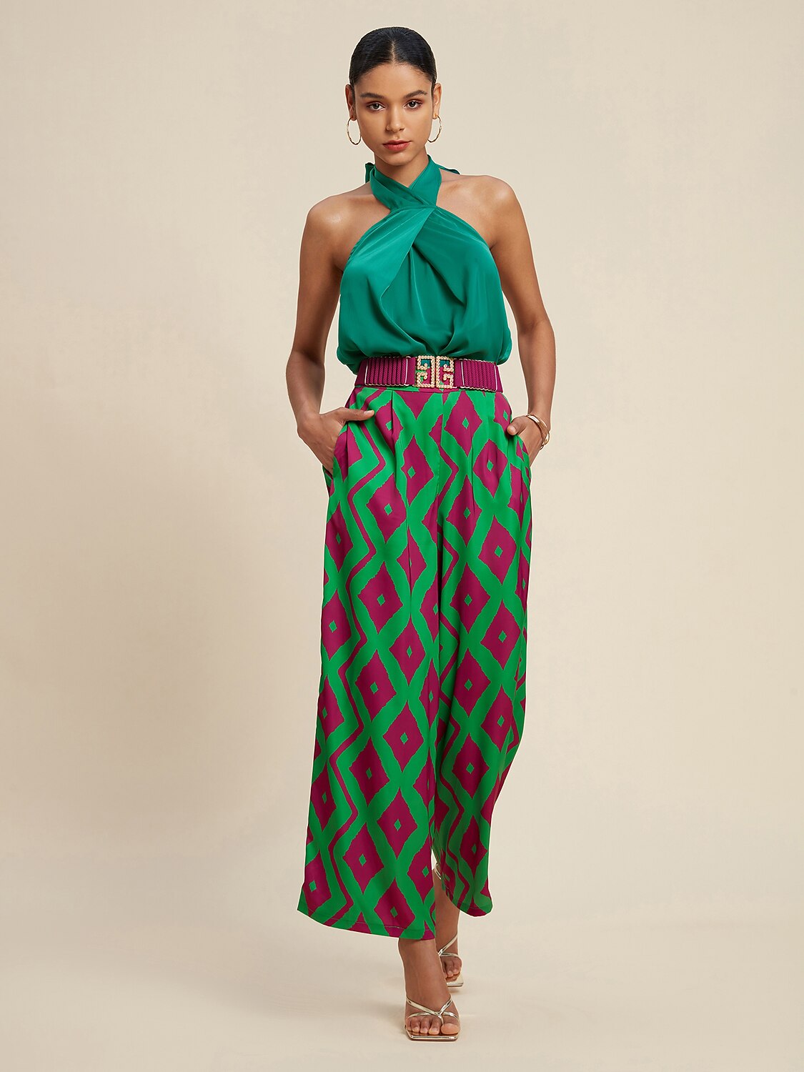 Satin Pocket Geometric Print Micro-elastic Straight Pants