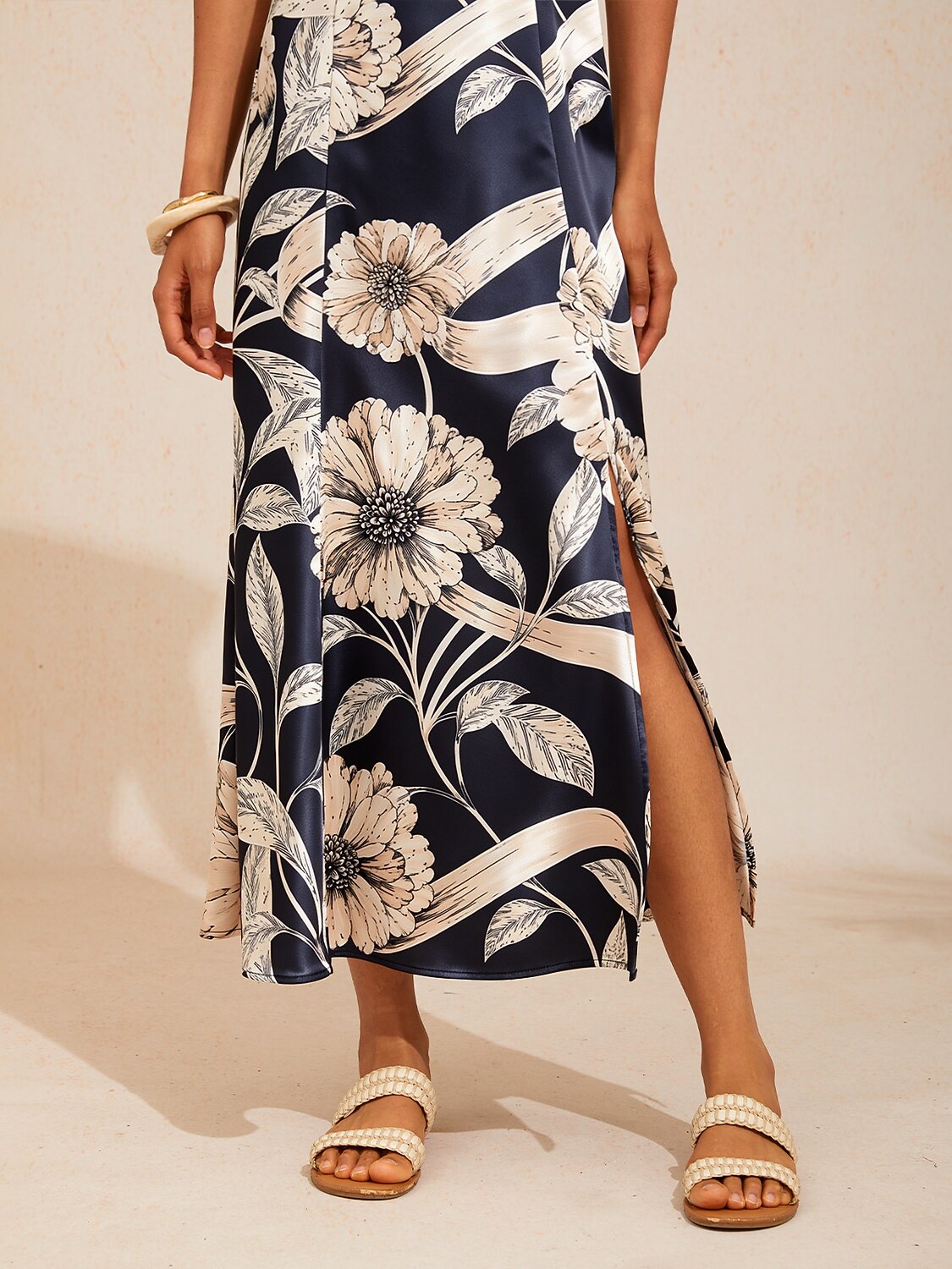 Golden Petal Silky Satin Maxi Dress