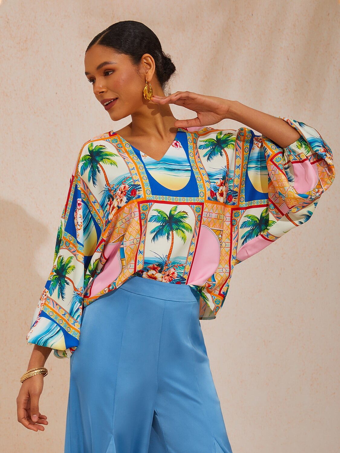 Summer Escape Geometric Dolman Sleeve Satin Top