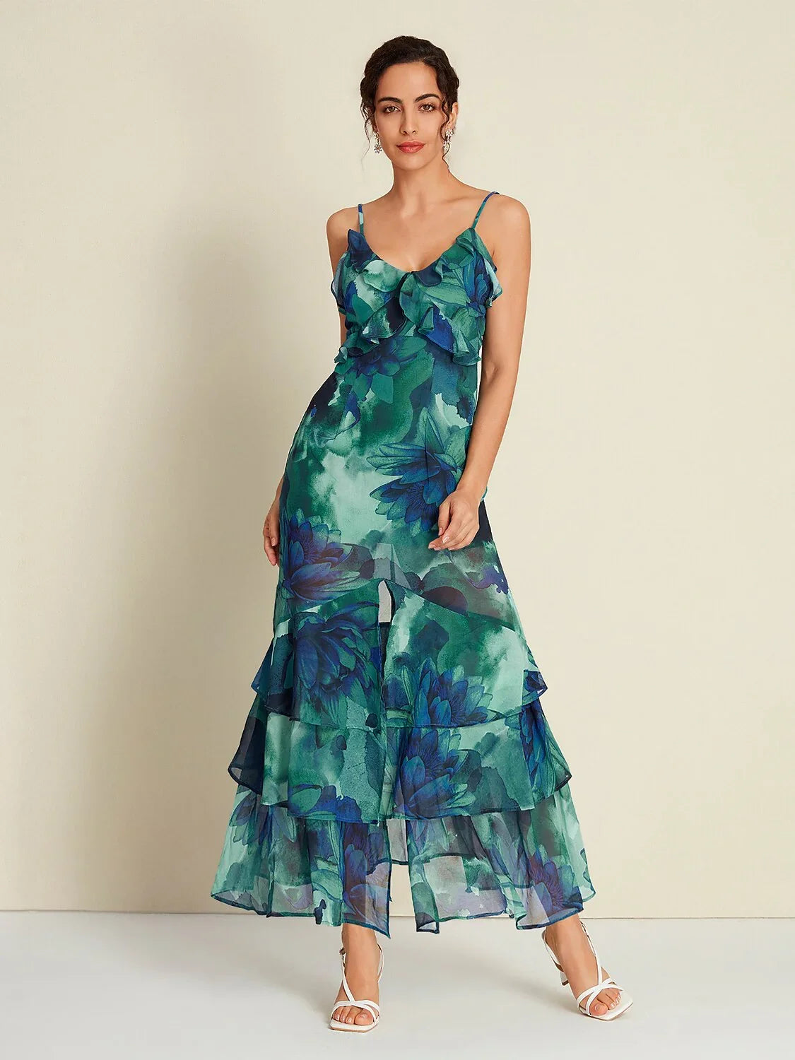 Robe Longue Sans Manches à Volants et Imprimé Floral en Mousseline