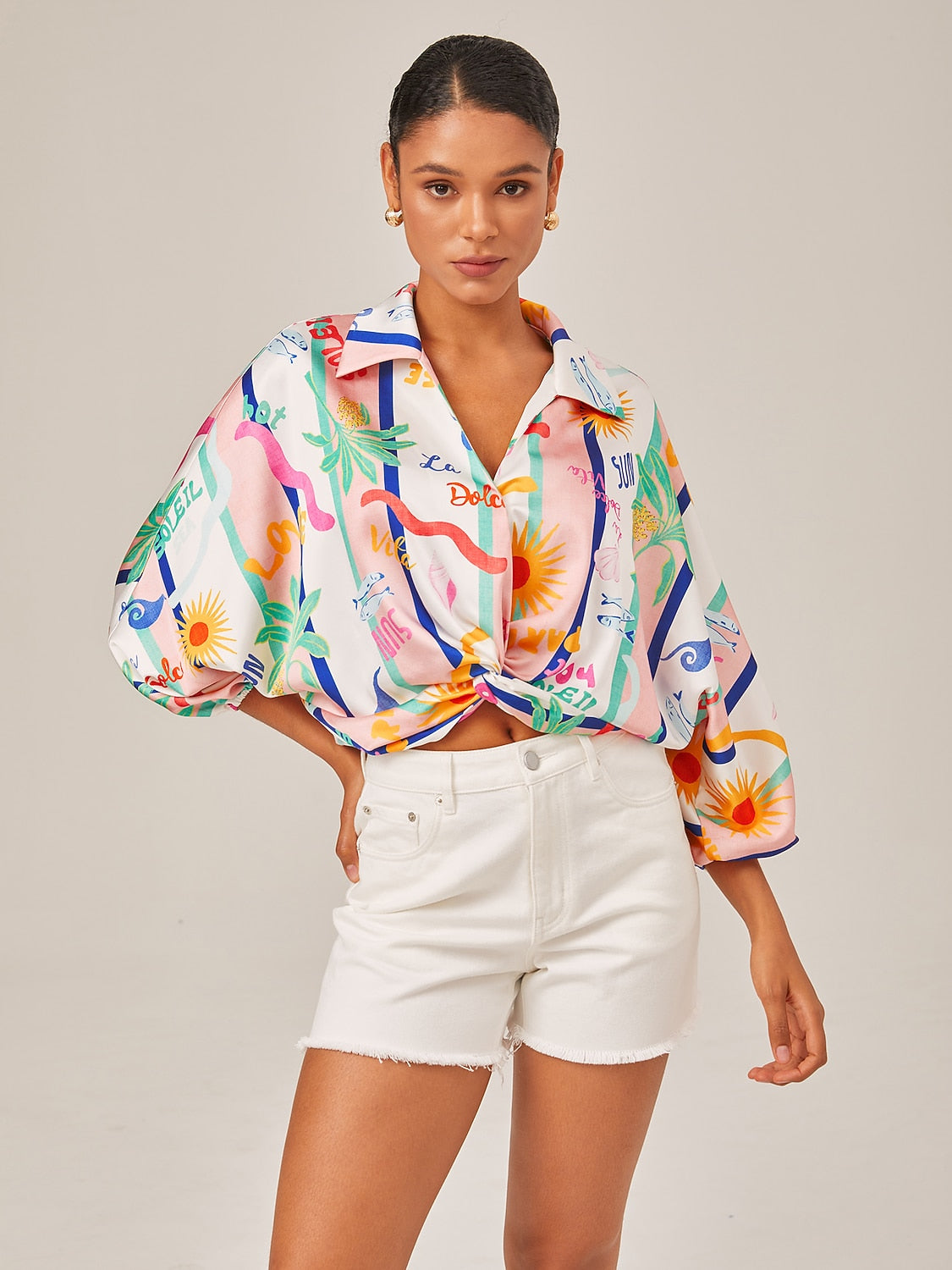 Tropical Print Twist Front Shirt