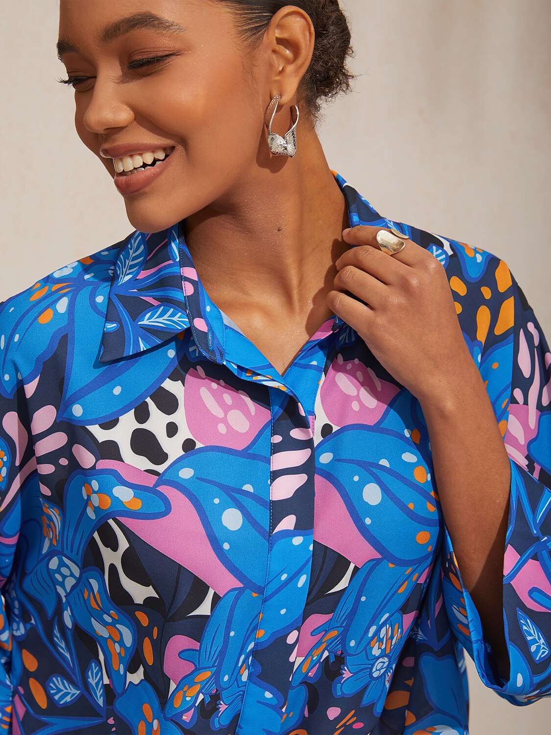 Abstract Azure Silky Satin Dot Button Down Shirt