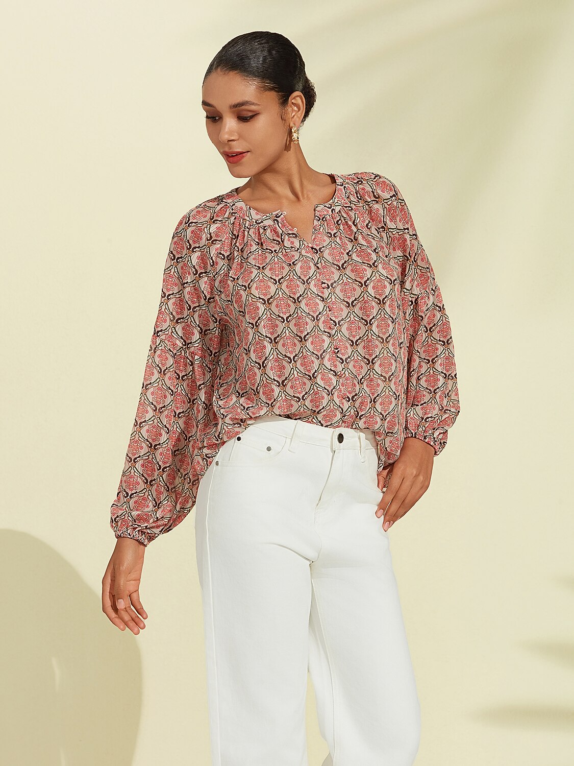 Blusa Casual de Gasa con Mangas Abullonadas Geométricas