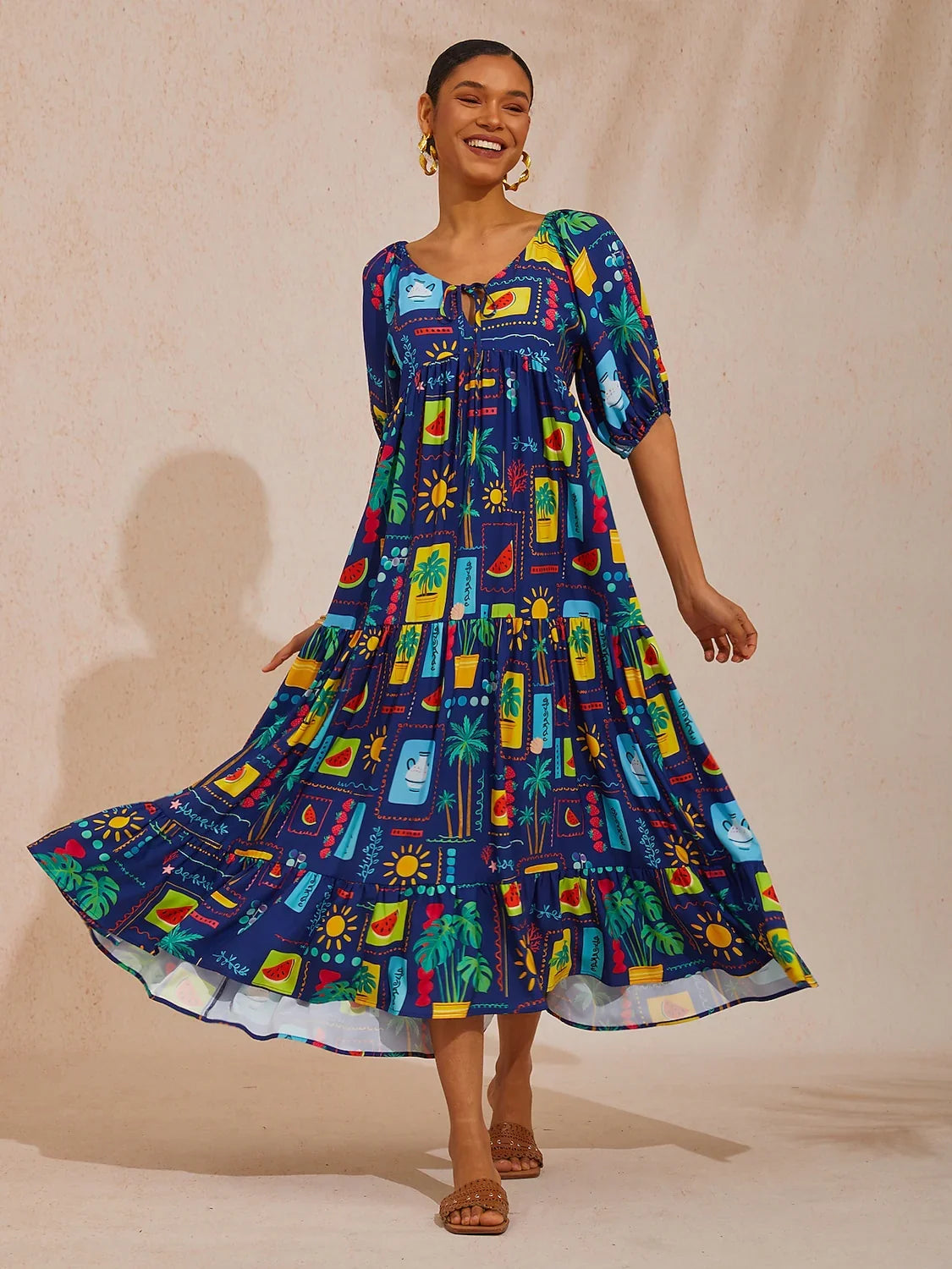 Summer Escape Geometric A-Line Satin Maxi Dress
