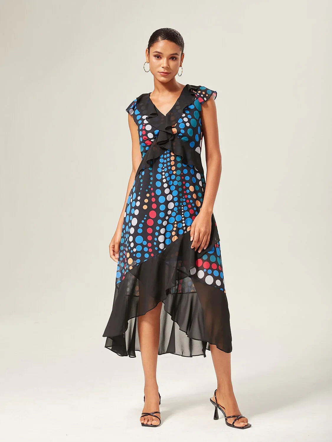 Colorblock Polka Dot Print Chiffon Ruffle Maxi Dress