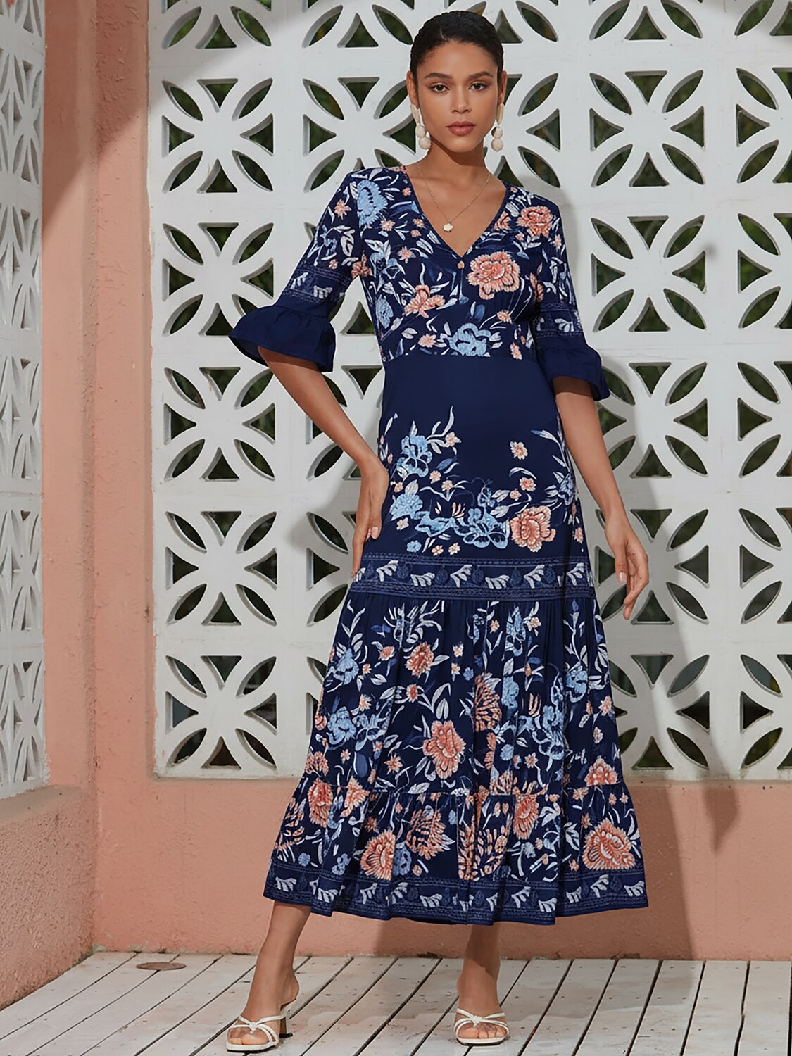 Satin V-Neck Tiered Hem Floral Print Vacation Maxi Dress