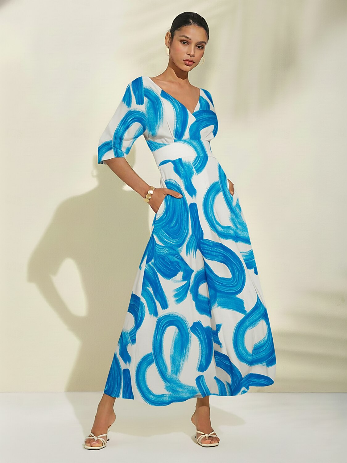Satin Blue Brushstroke Print Maxi Dress Casual Vacation Travel