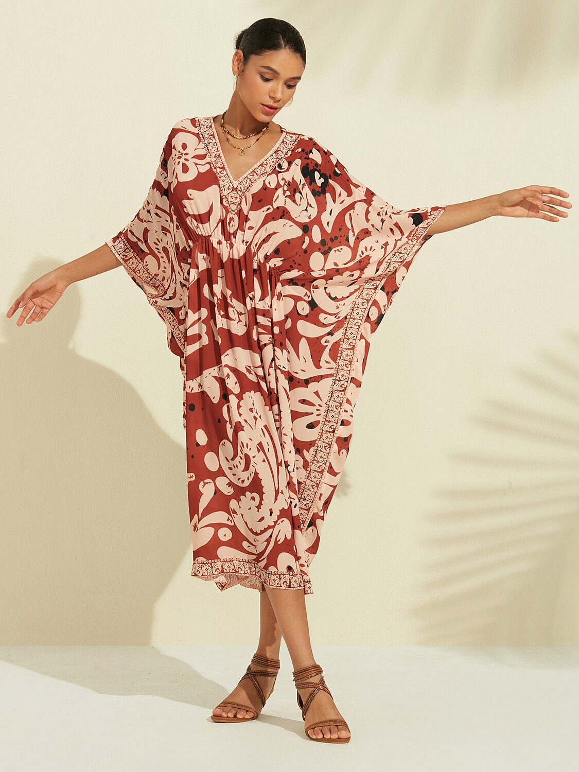 Boho Paisley Print Maxi V-Neck Chiffon Kaftan