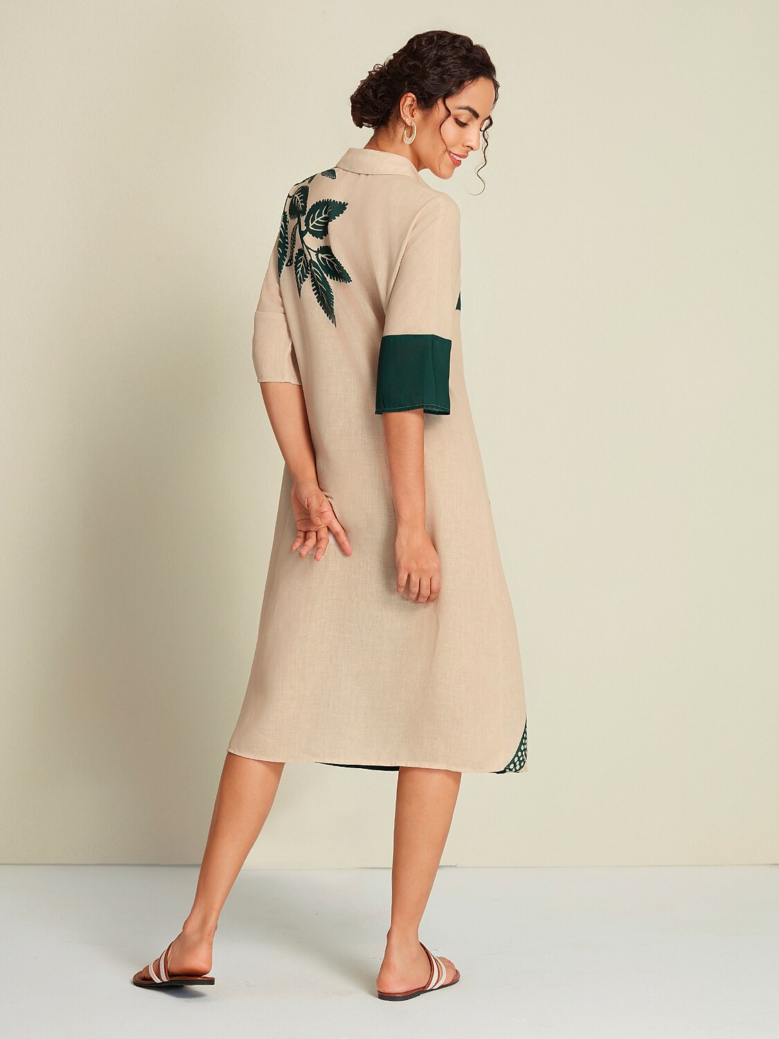 Leaf Print Half Sleeve Midi Shirt Dress