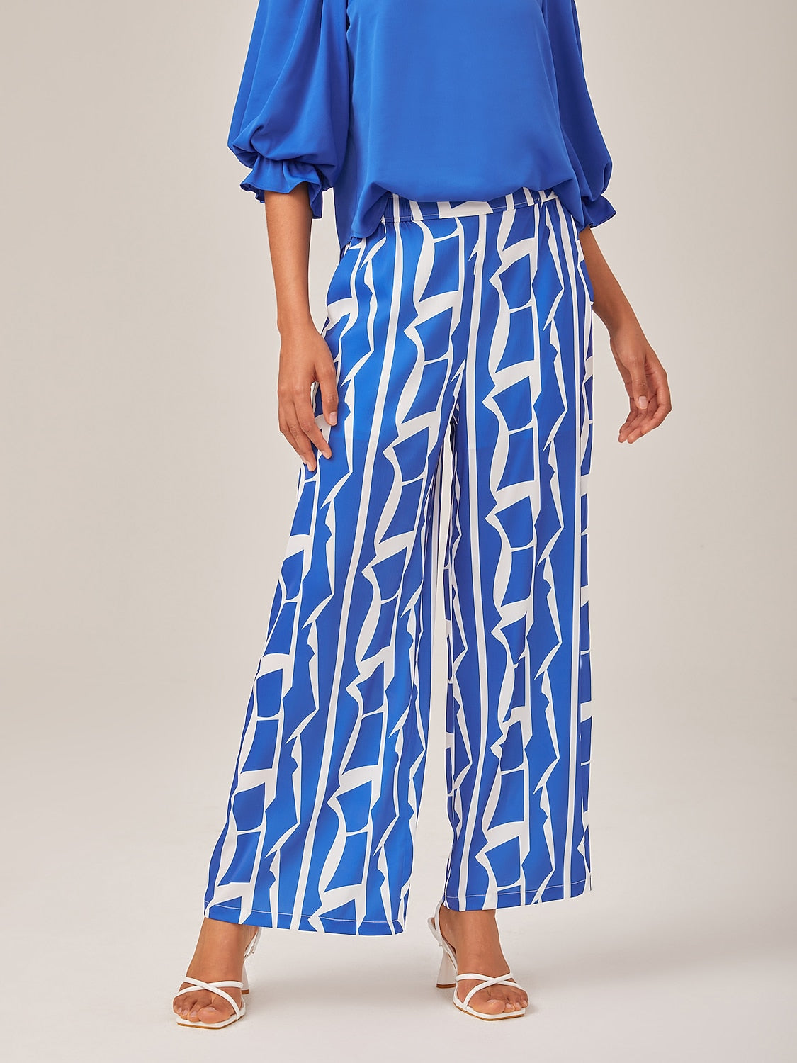 Ruched Waist Blue Printed Straight-Leg Pants