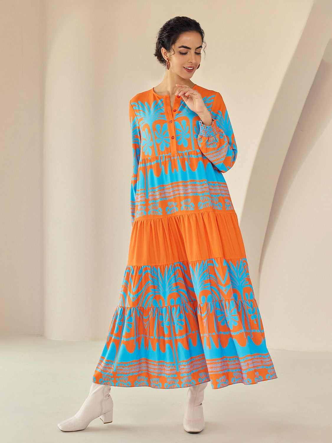 maxi button up dress Plants Linear Button Up Crew Neck Ethnic Casual Maxi Dress, Orange / L