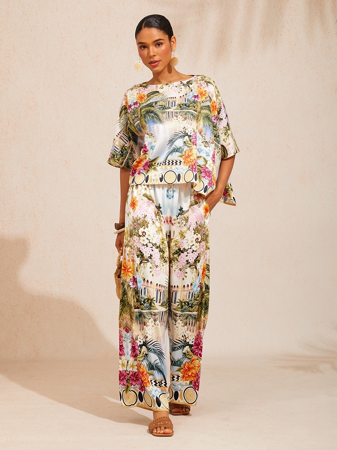 Pastel Floral Garden Silky Satin Dolman Top