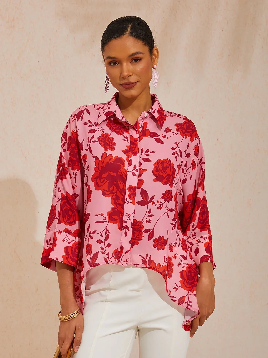 Spring Blooms Flowy Chiffon Asymmetrical Dolman Sleeve Blouse