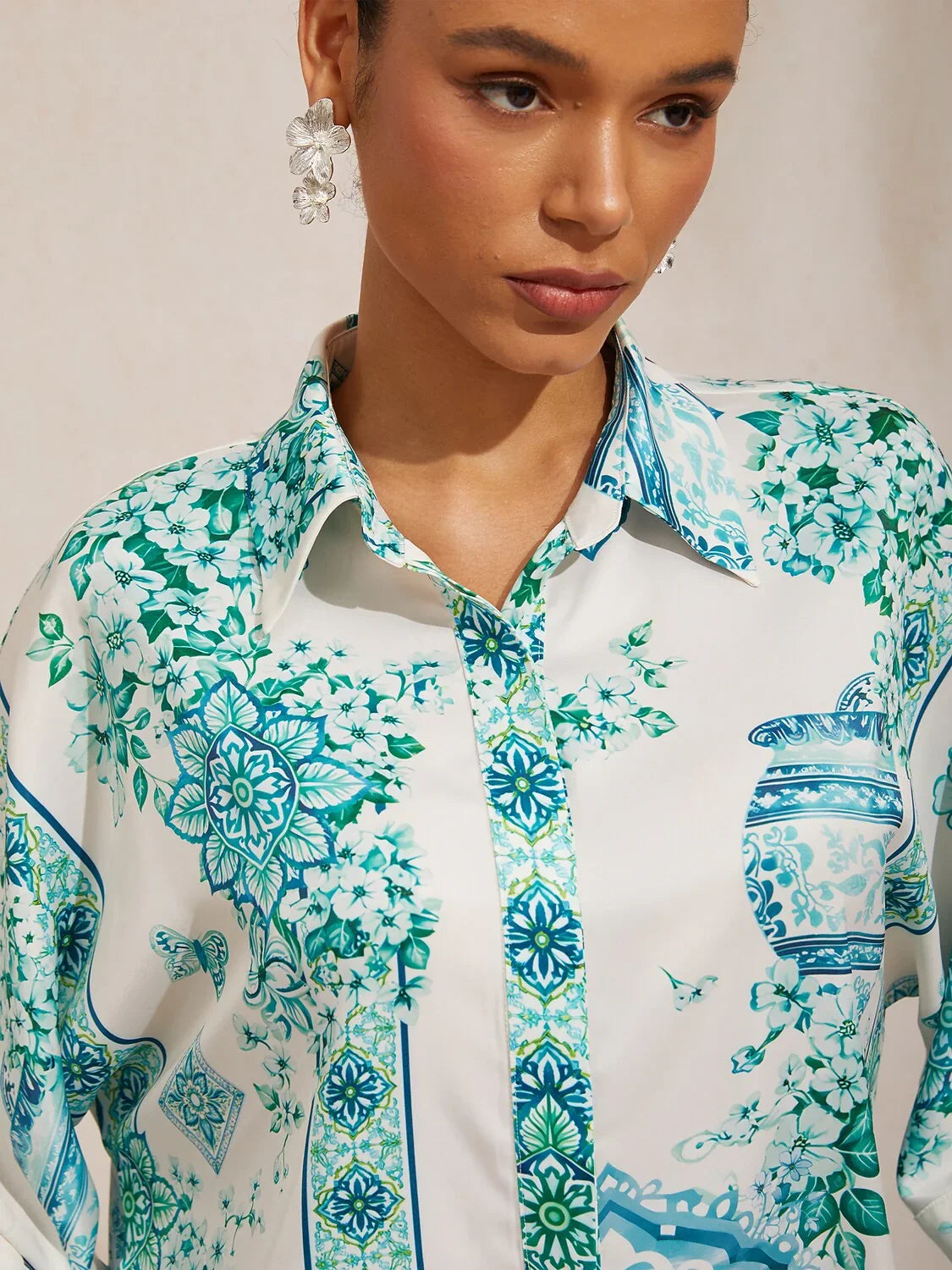 Balearic Islands Blue Silky Satin Dolman Sleeve Top