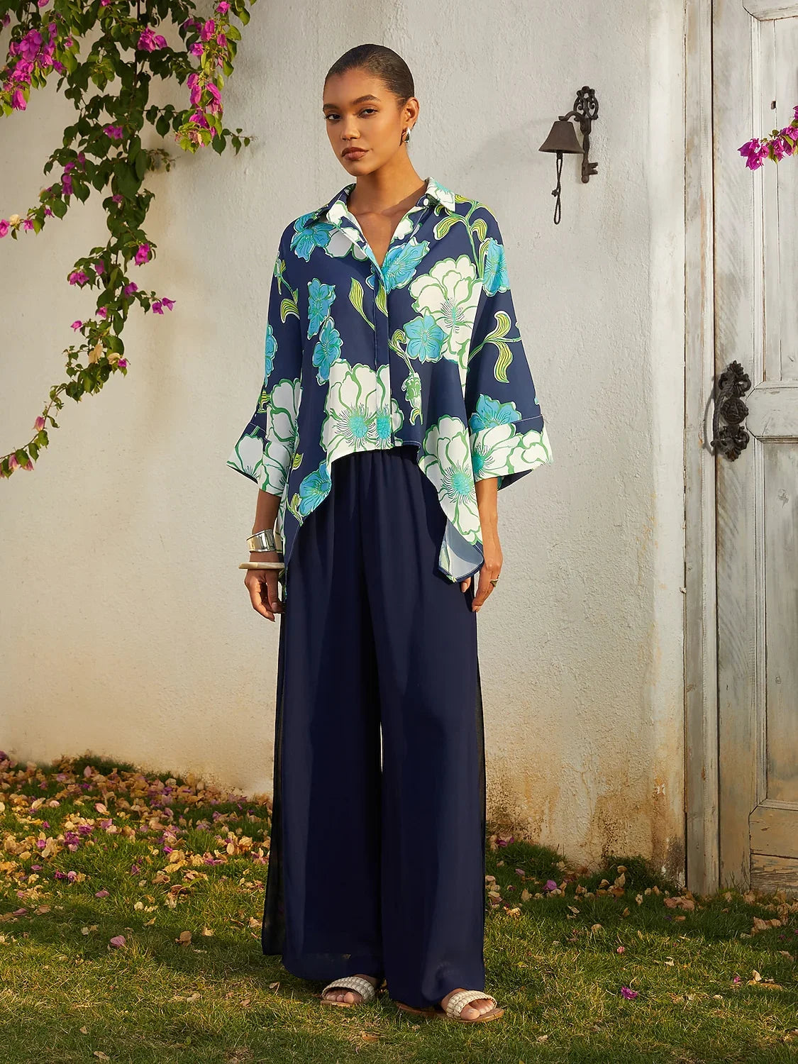 Vacation Green Floral High Low Chiffon Short Shirt