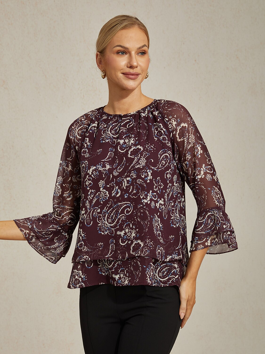 Wine Floral Print Layered Chiffon Blouse