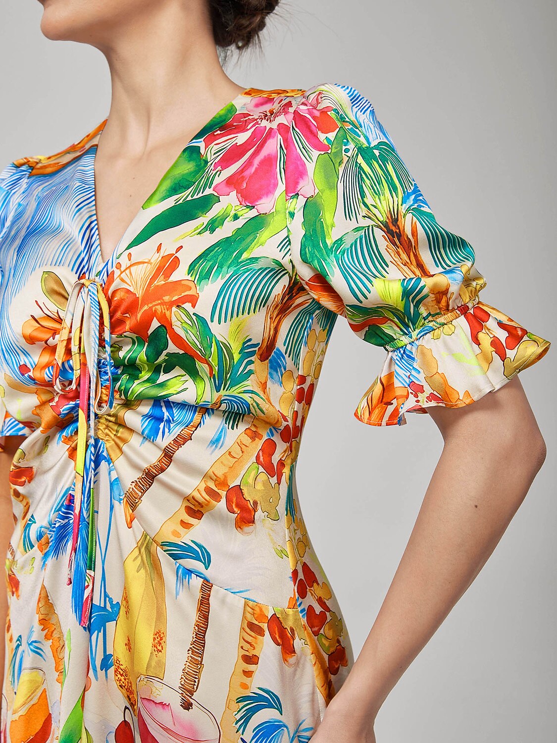 Fruit Floral Print Cinched Waist Dress