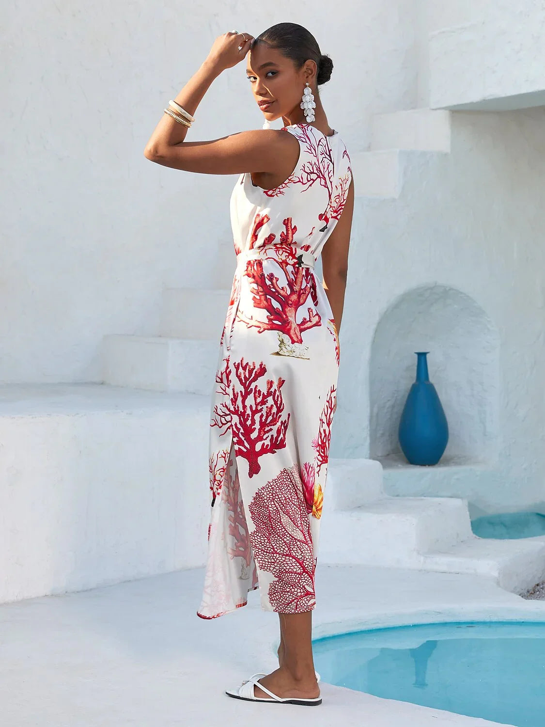Coral Riviera Silky Satin Vacation Maxi Dress