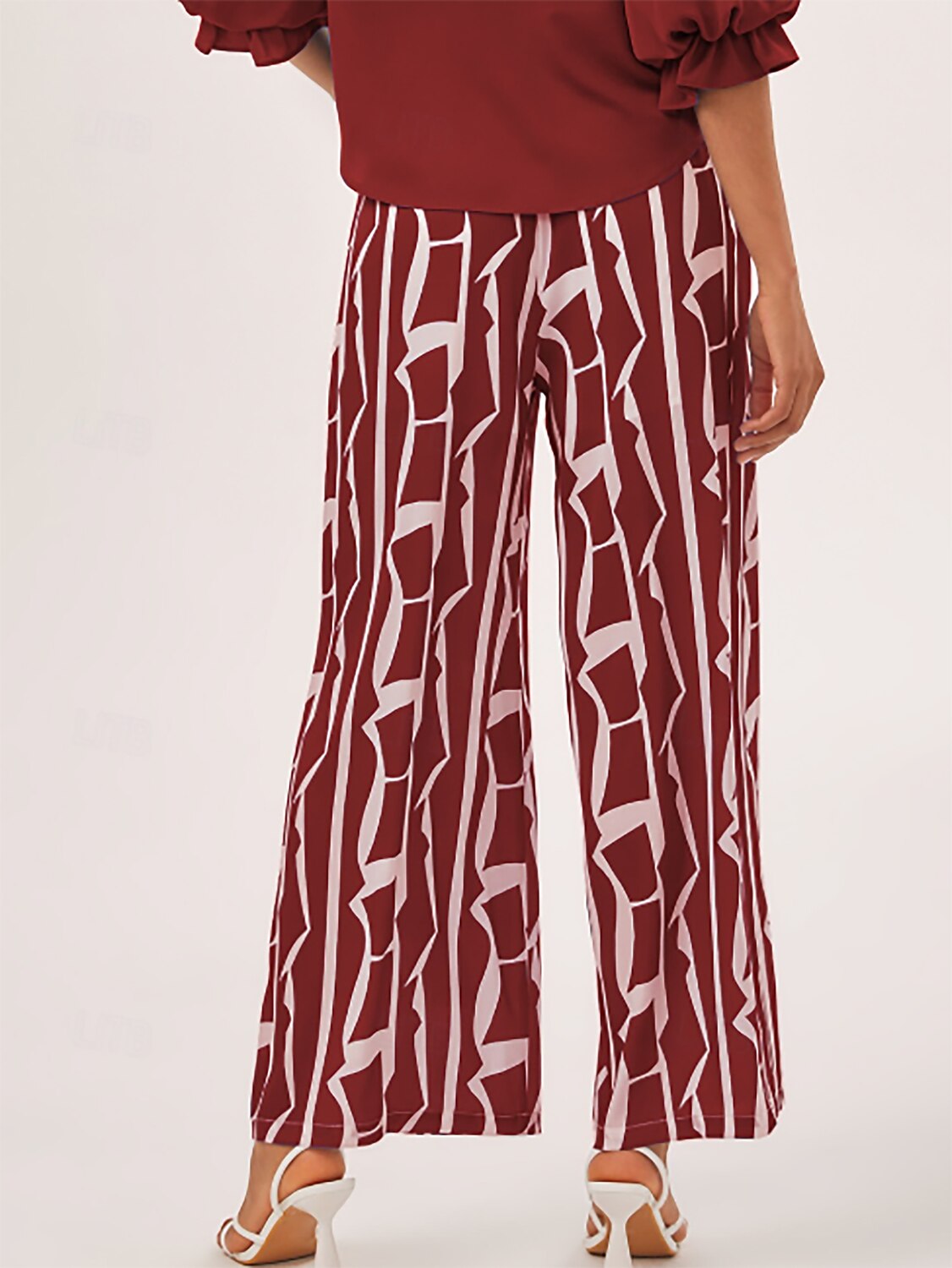 Red Geometric Print Satin Wide-Leg Pants