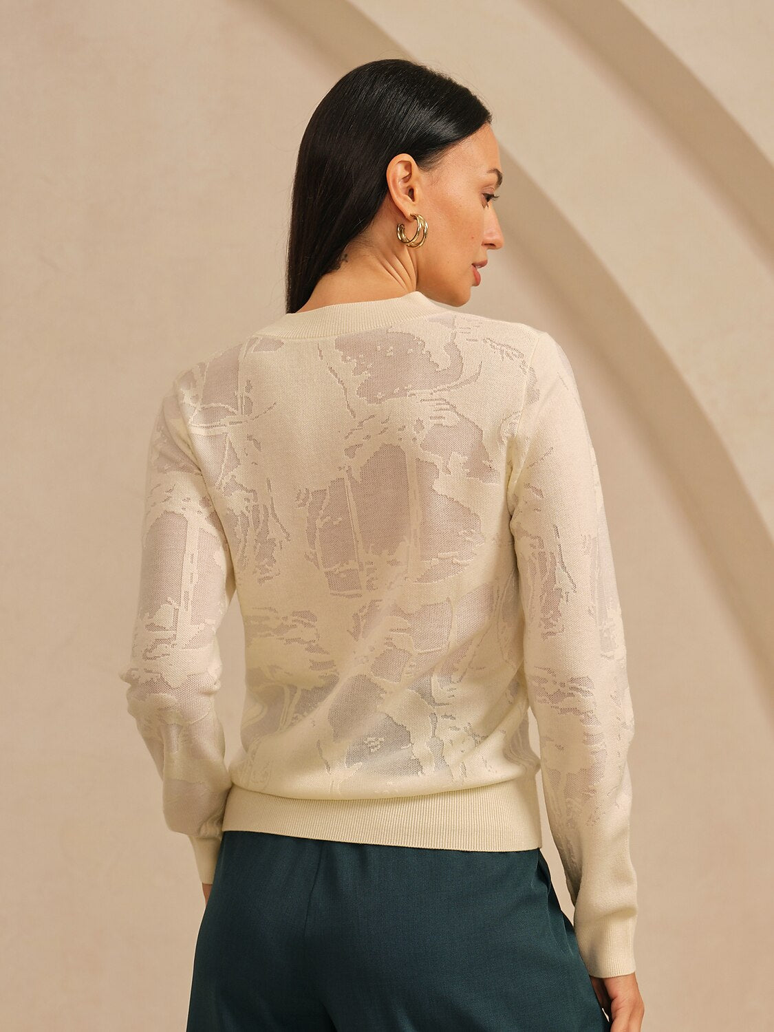 Organza Wool Knit Floral Crew Neck Sweater Casual Vacation