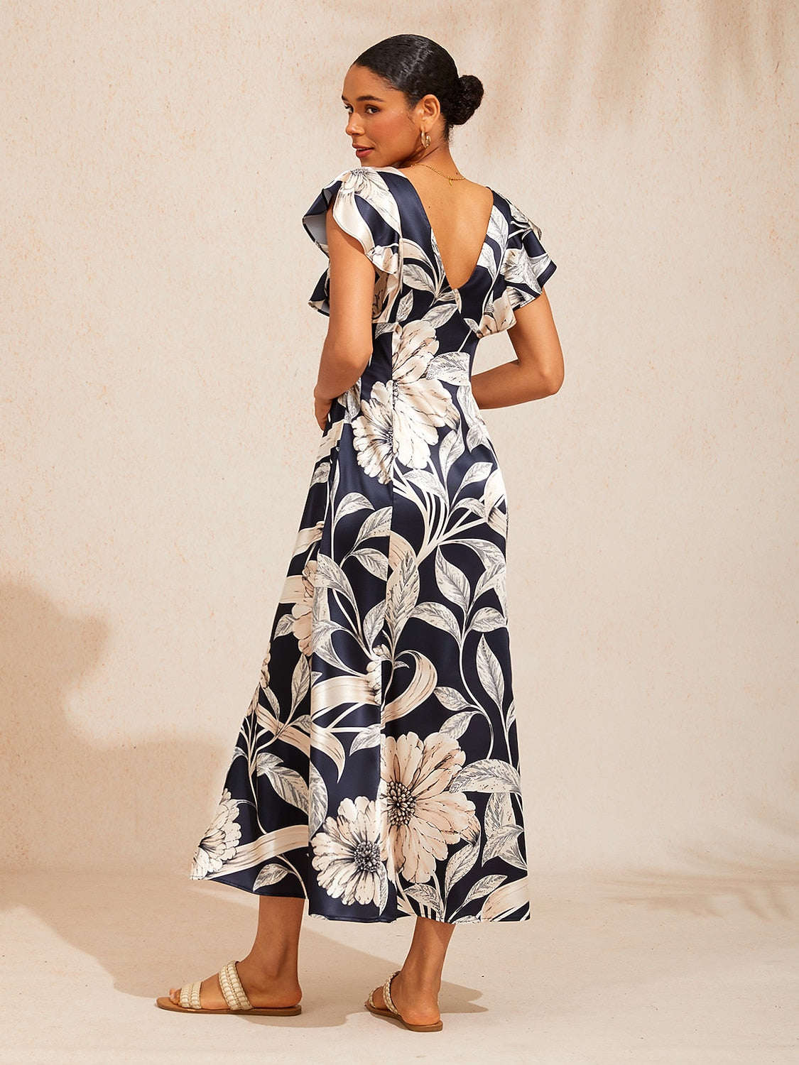 Golden Petal Silky Satin Maxi Dress