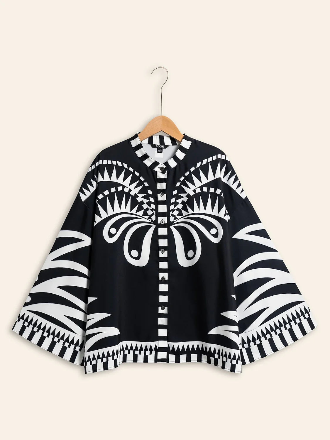 Black Satin Geometric Print Flare Cuff Blouse