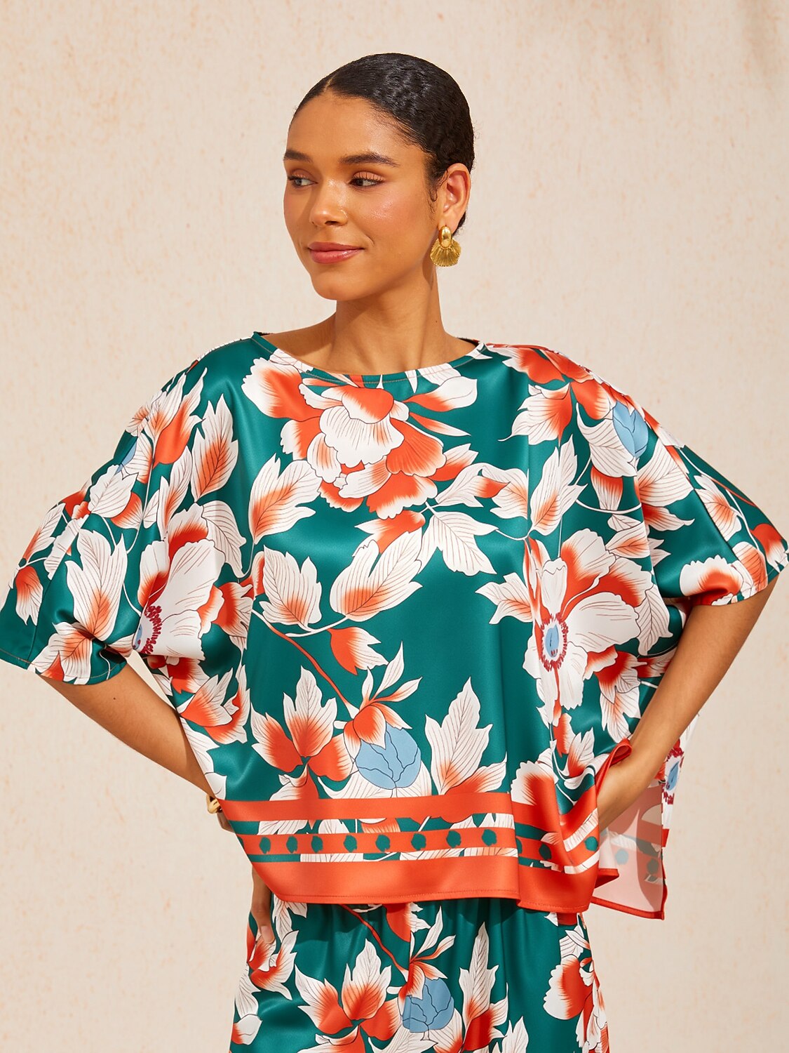 Citrus Palm Luxe Silky Satin Batwing Top