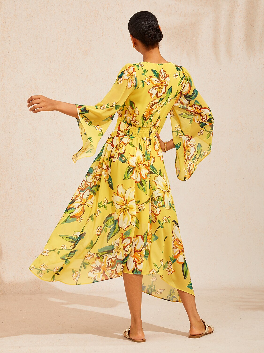 Vacation Abstract Floral Print Waist-defined Chiffon Maxi Dress