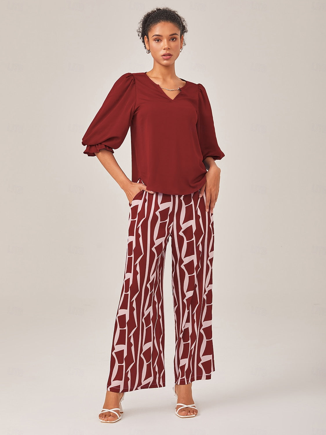 Blau bedruckte Hose mit geraffter Taille und geradem Bein