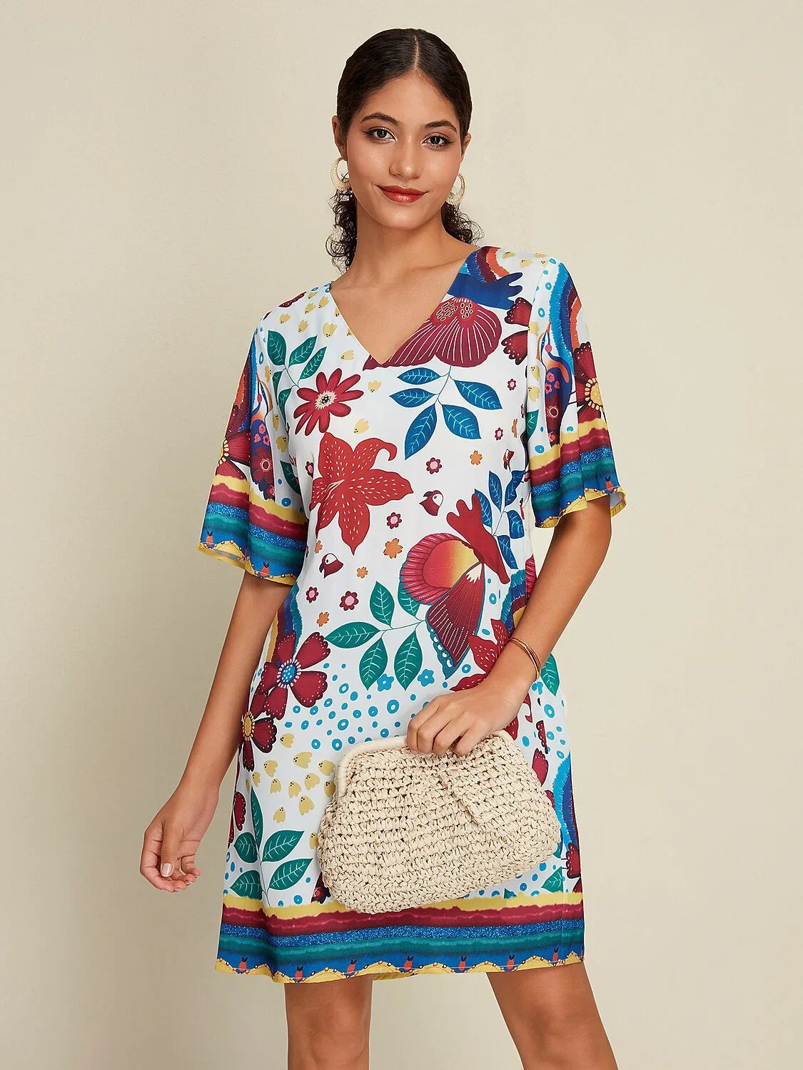 Satin Floral Print Half Sleeve V Neck Mini Dress