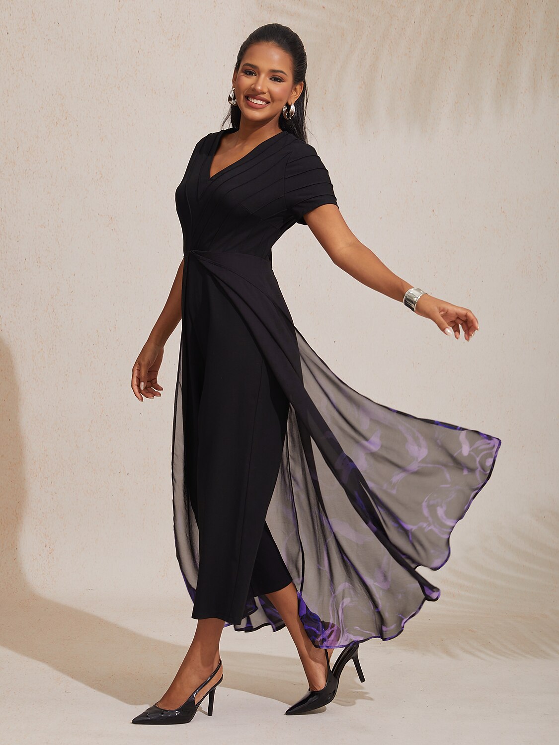 Paneled Design Faux Flowy Sheer Stretch Fabric Jumpsuit