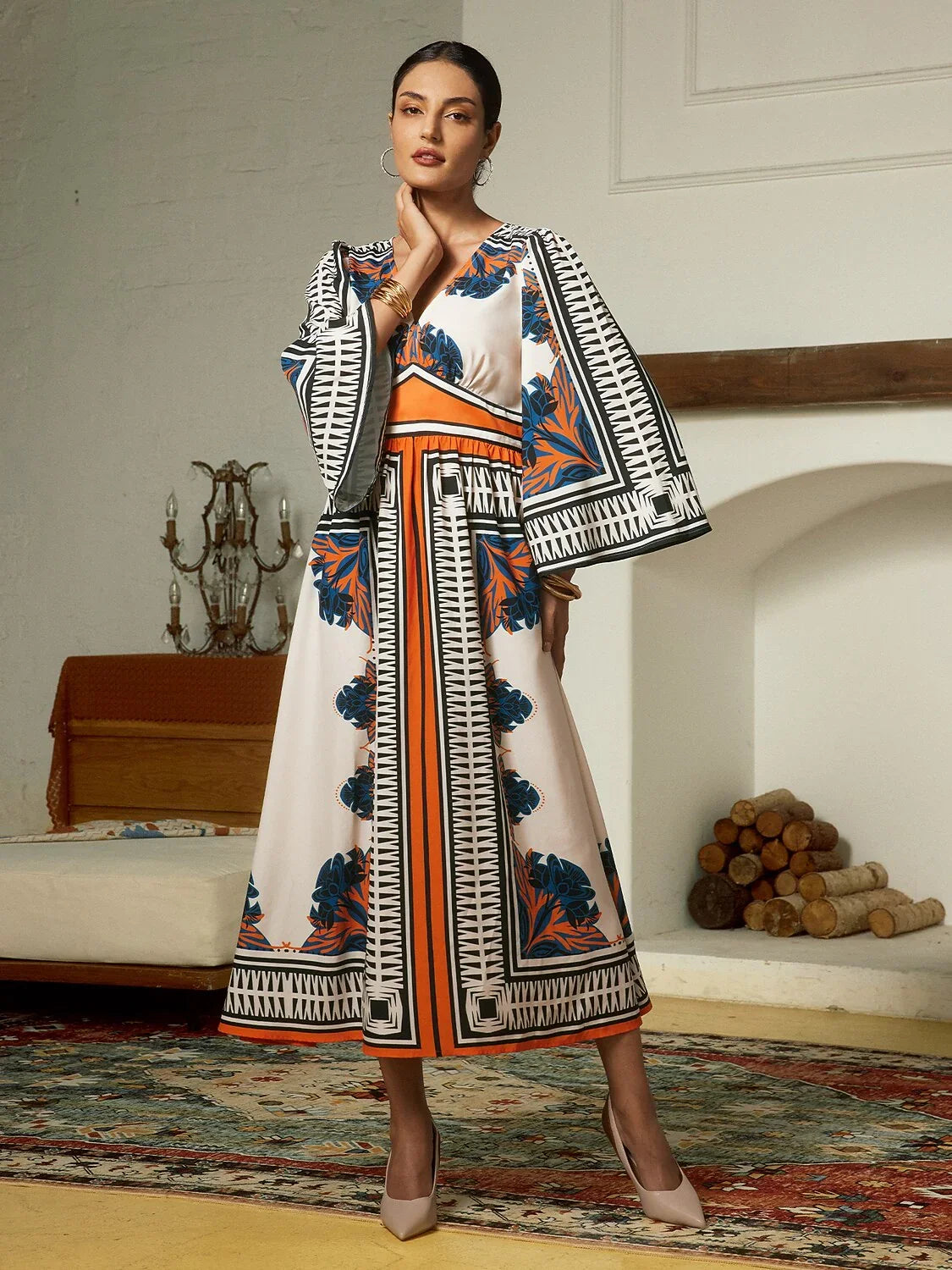 Satin Geometric Bohemia V-Neck Maxi Dress