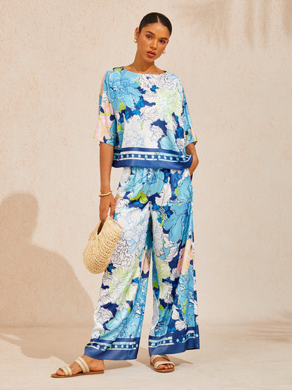 Pastel Wash Peony  Silky Satin Batwing Top