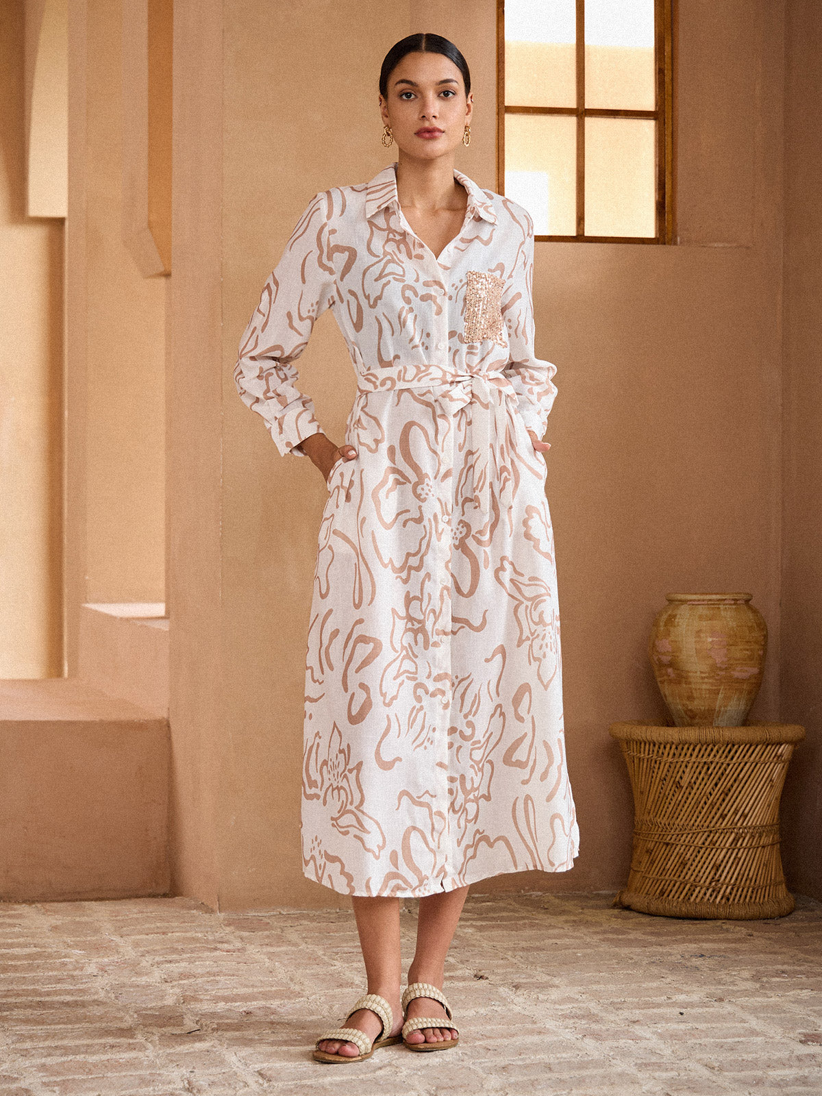 Sequin Curve Pocket Linen Style Shirt Dress