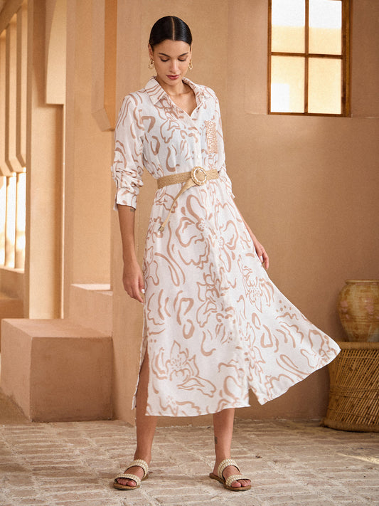Sequin Apricot Curve Pocket Linen Style Shirt Dress