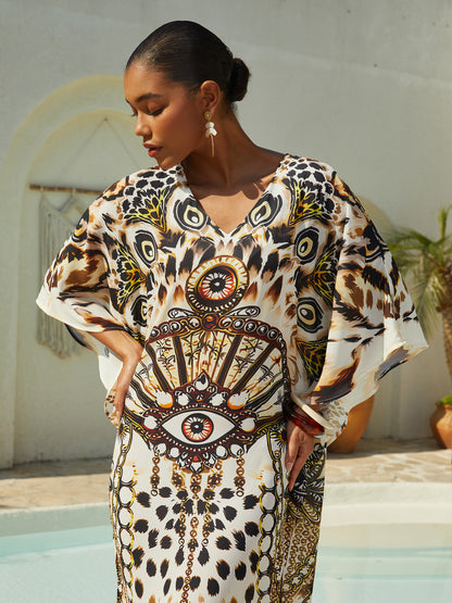Vestido Largo de Gasa Fluido con Estampado de Leopardo Vintage