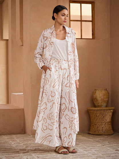 Artistic Print Elastic Linen-Like Wide-Leg Pants